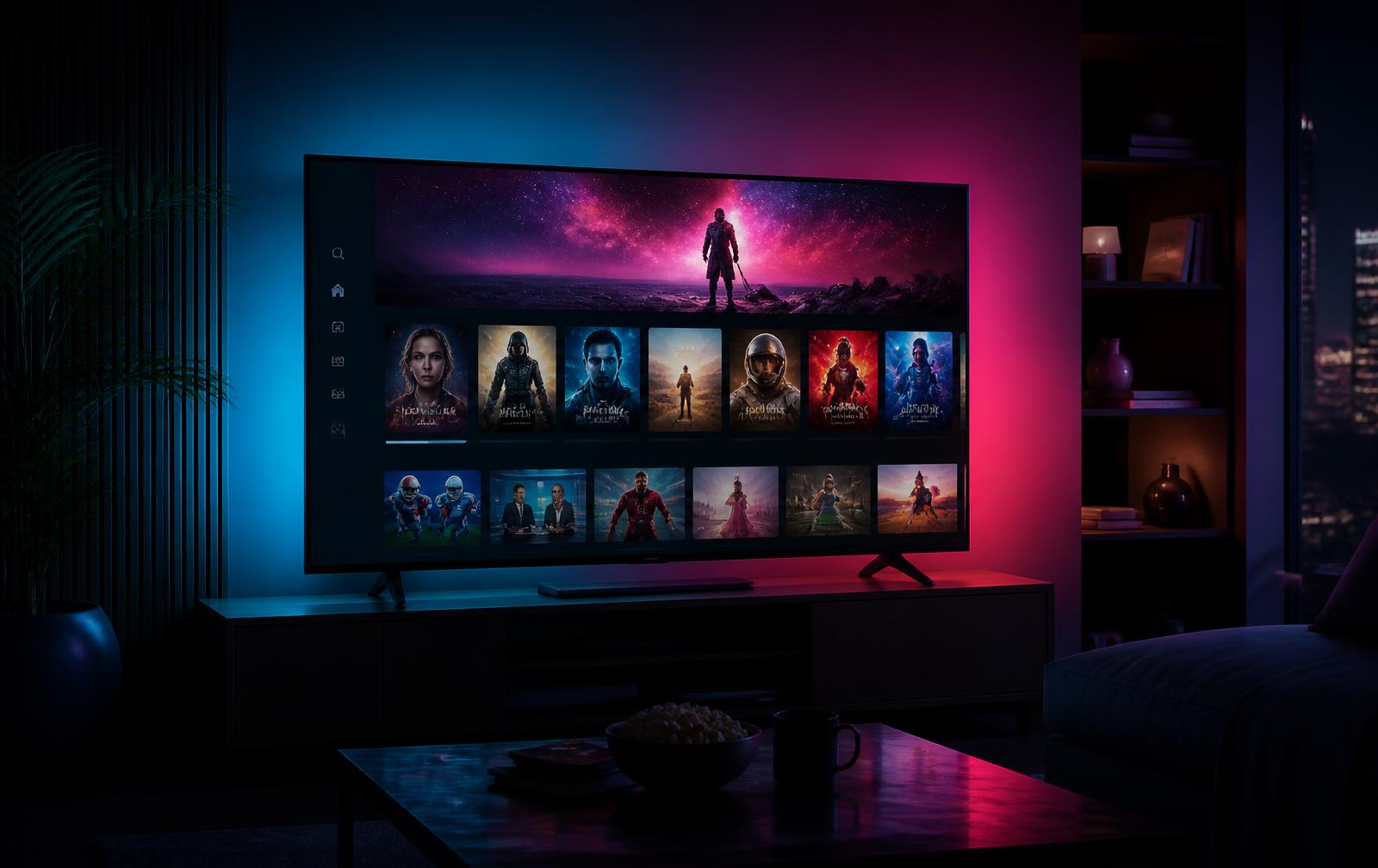 Smart TV exibindo a interface do G5 PLAY com canais ao vivo e filmes